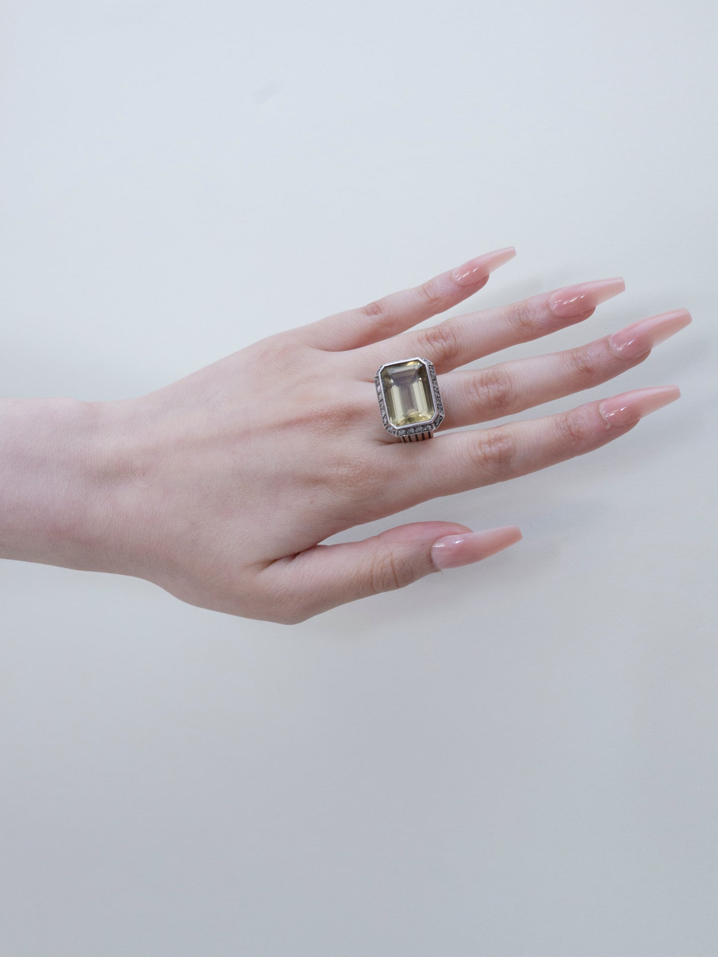 Emerald Cut Citrine & Diamond Ring | Sterling Silver