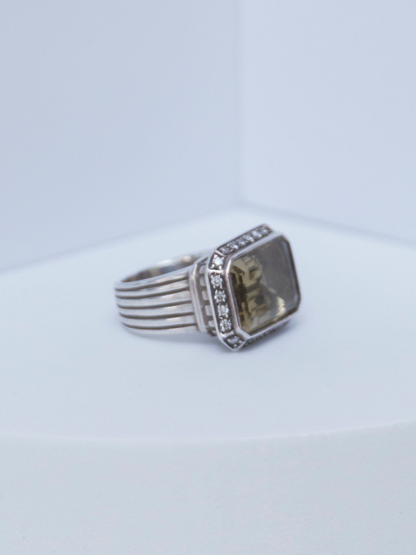 Emerald Cut Citrine & Diamond Ring | Sterling Silver