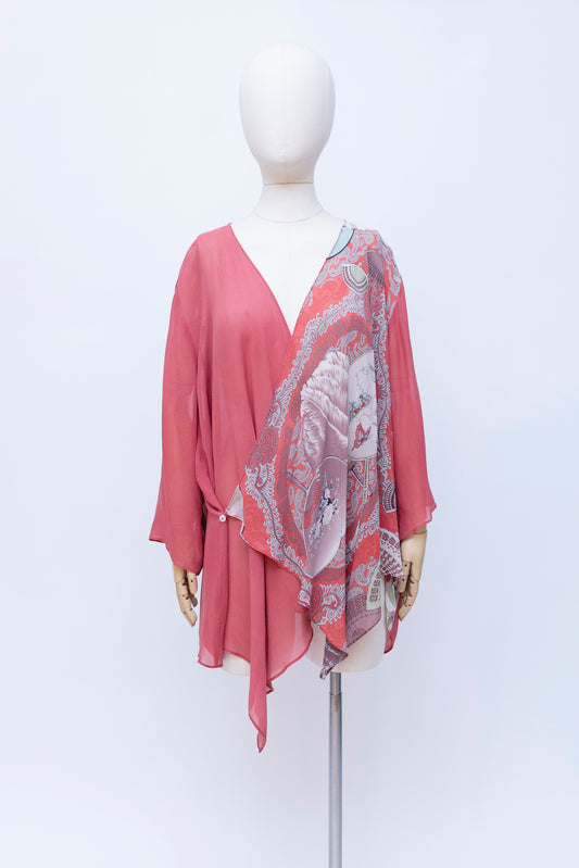 Chaqueta tipo kimono de seda color naranja sangre